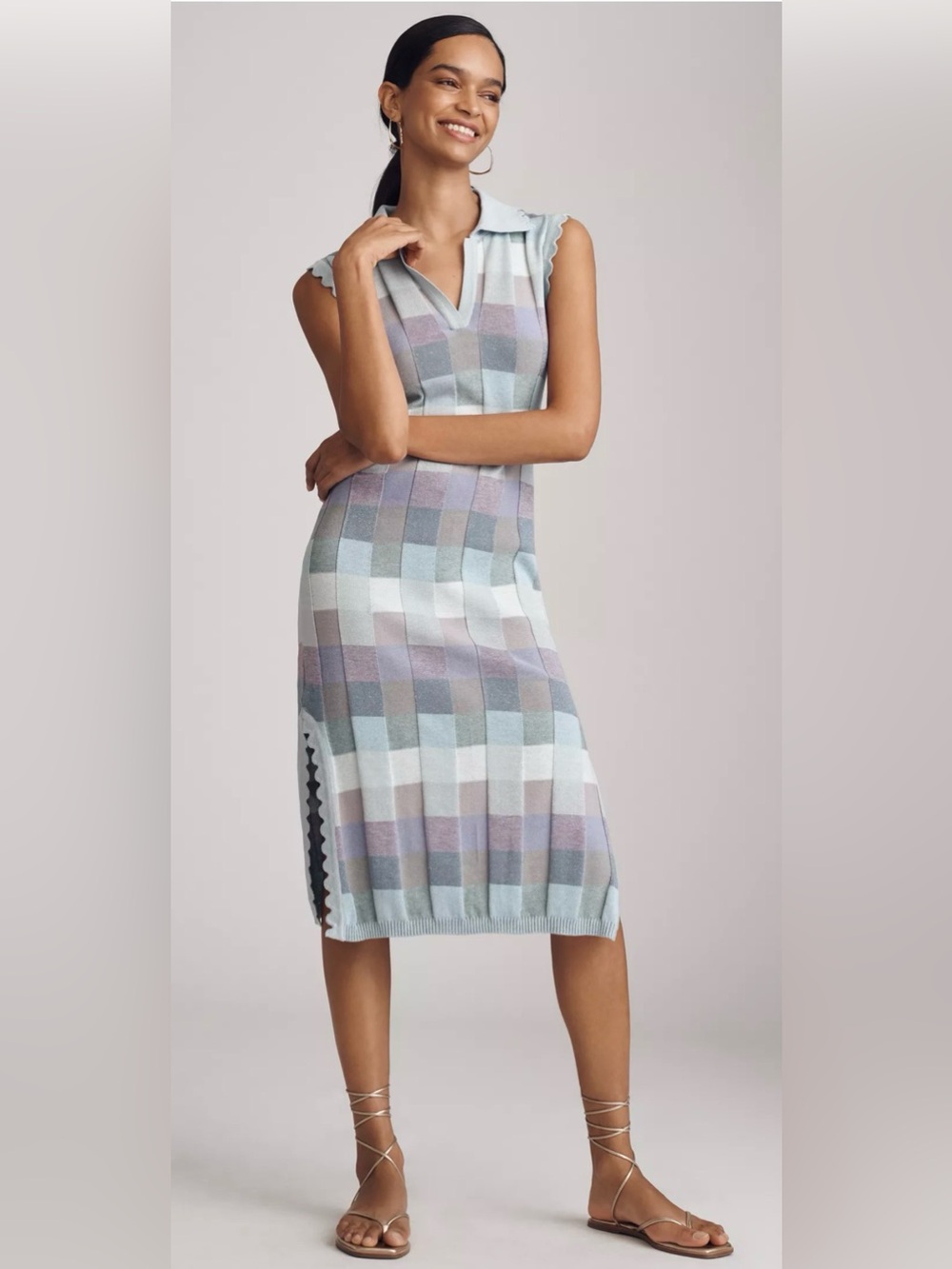 Conditions Apply Avaya Sleeveless Midi Dress pastel antropologie blue check knit